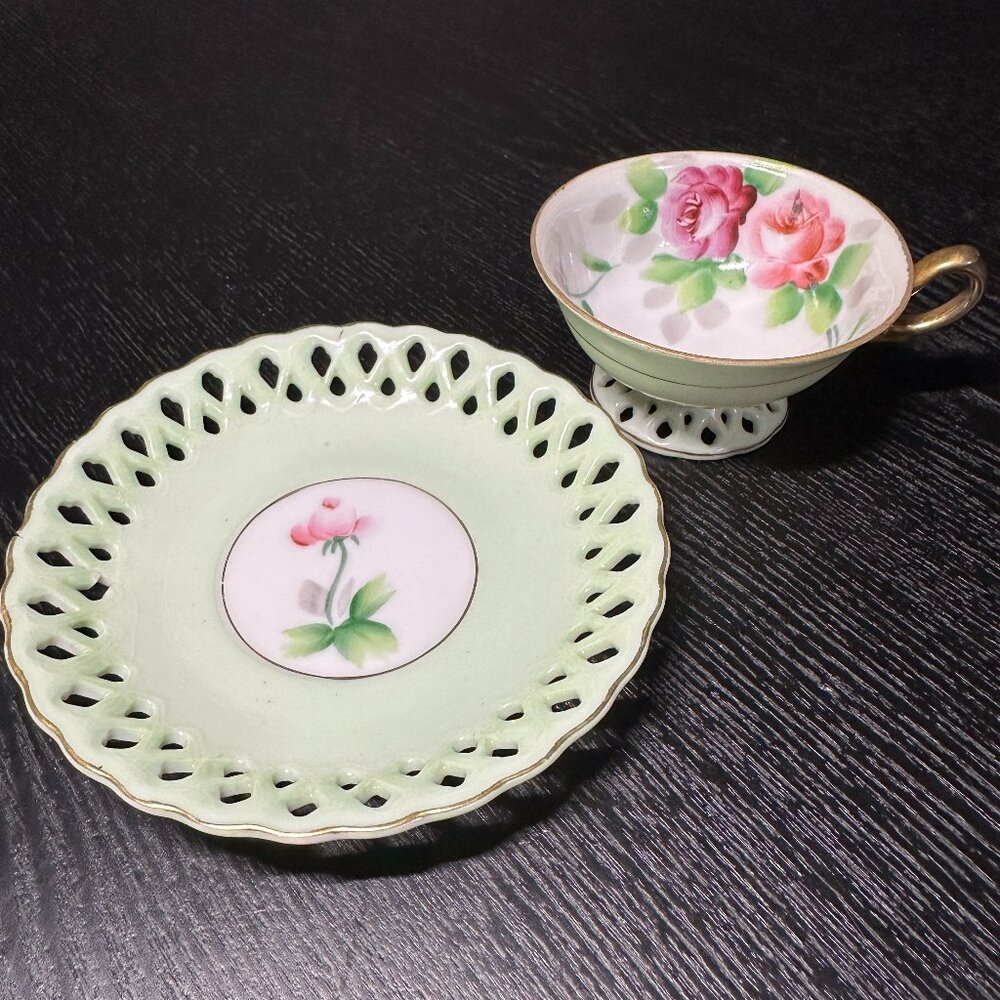 Omashi China Demitasse Teacup & Saucer - Hand Painted in Japan - Vintage